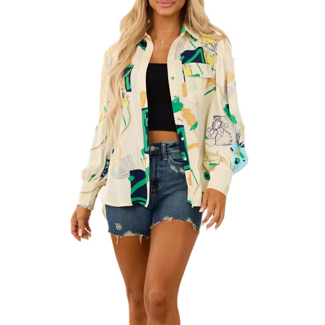 Women's oversized shirt blouse with graphic all-over print, breast pockets, and balloon sleeves Mune Fashion