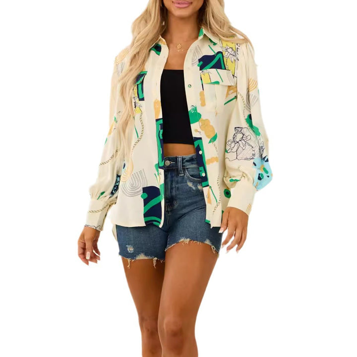 Women's oversized shirt blouse with graphic all-over print, breast pockets, and balloon sleeves Mune Fashion