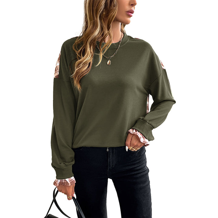 Women's Casual Round Neck Sweatshirt with Check Pattern Inserts and Gathered Cuffs Mune Fashion