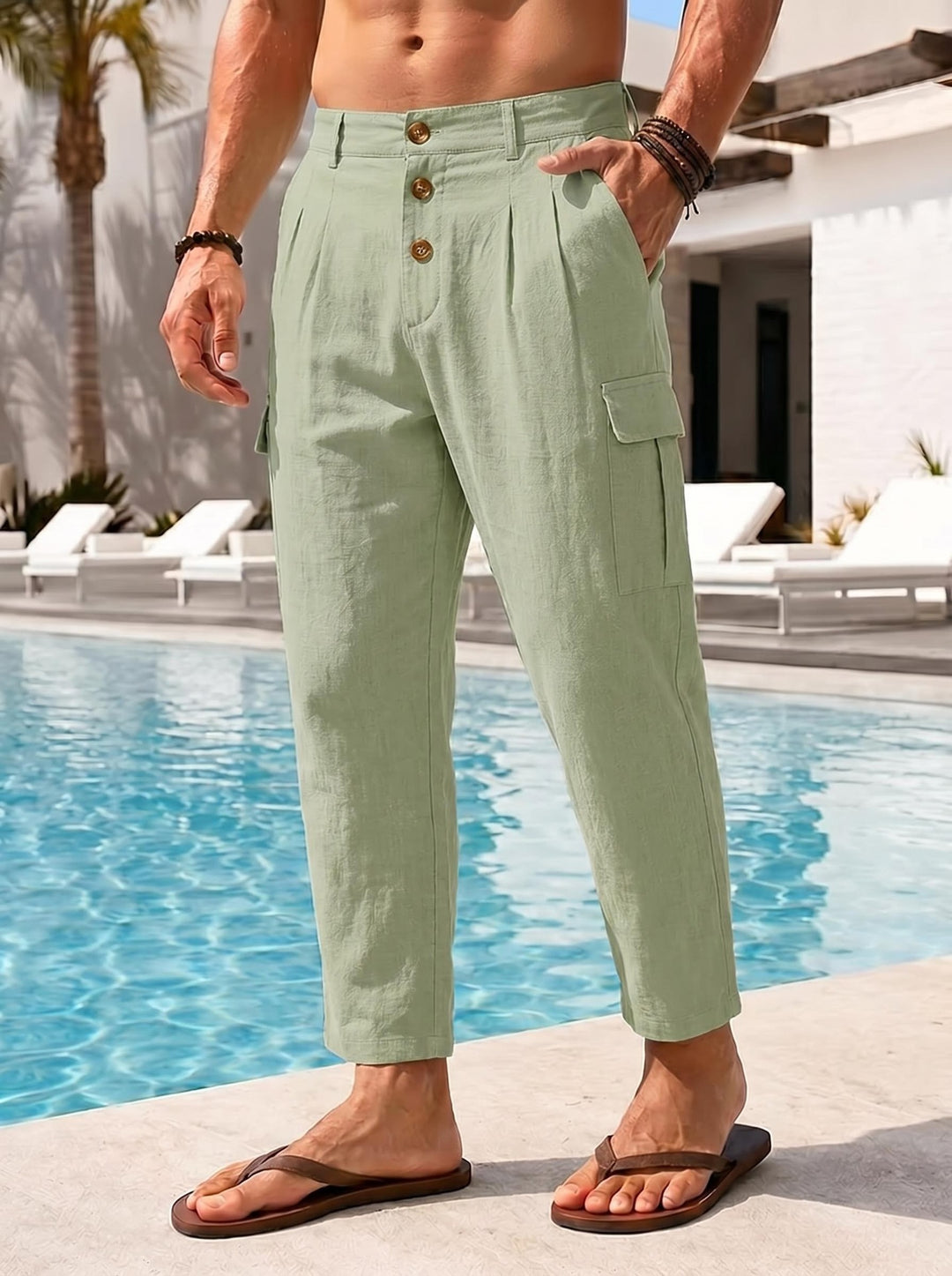 Men's casual linen cargo chino with button placket, pleats, and cropped ankle length Mune Fashion