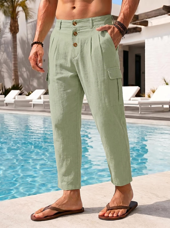 Men's casual linen cargo chino with button placket, pleats, and cropped ankle length Mune Fashion