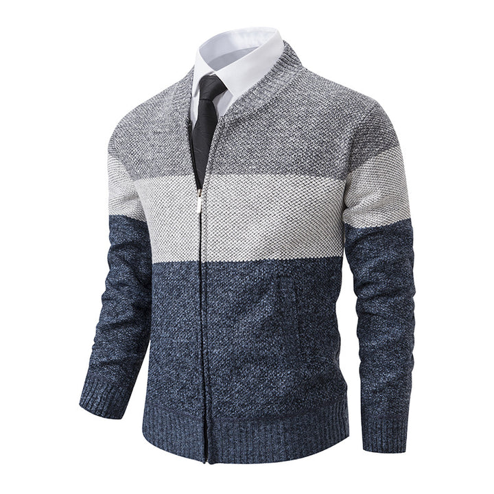 Men's Structured Block Stripe Cardigan with Front Zip, Stand Collar and Patch Pockets Mune Fashion