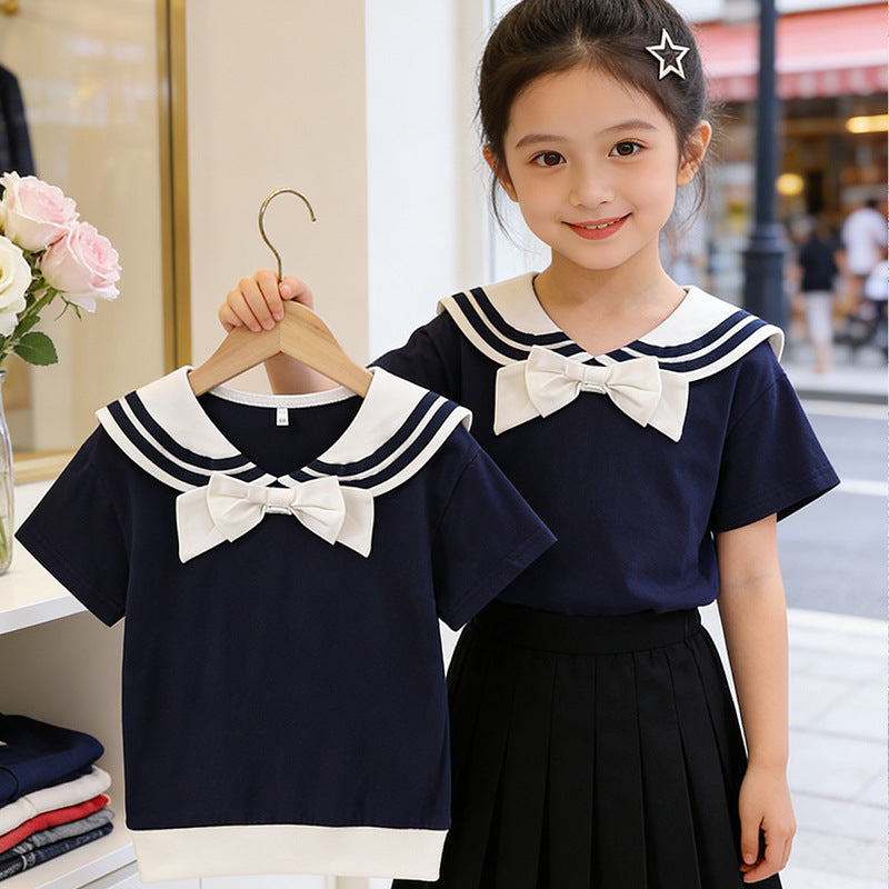 Girl's Sailor T-Shirt with Bow Detail Mune Fashion