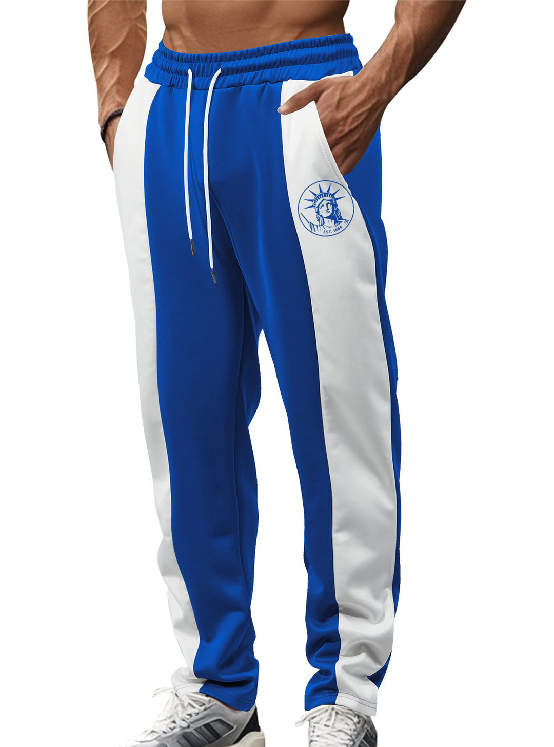 Men's sporty track pants with side contrast stripes, elastic waistband, drawstring, and deer embroidery Mune Fashion