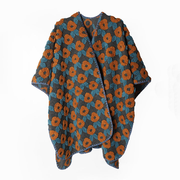 Women's Structured Boucle Cape Poncho with Floral 3D Texture Mune Fashion