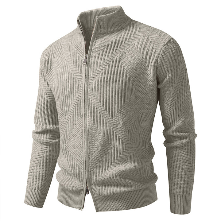 Men's zip cardigan with geometric herringbone knit and stand-up collar Mune Fashion