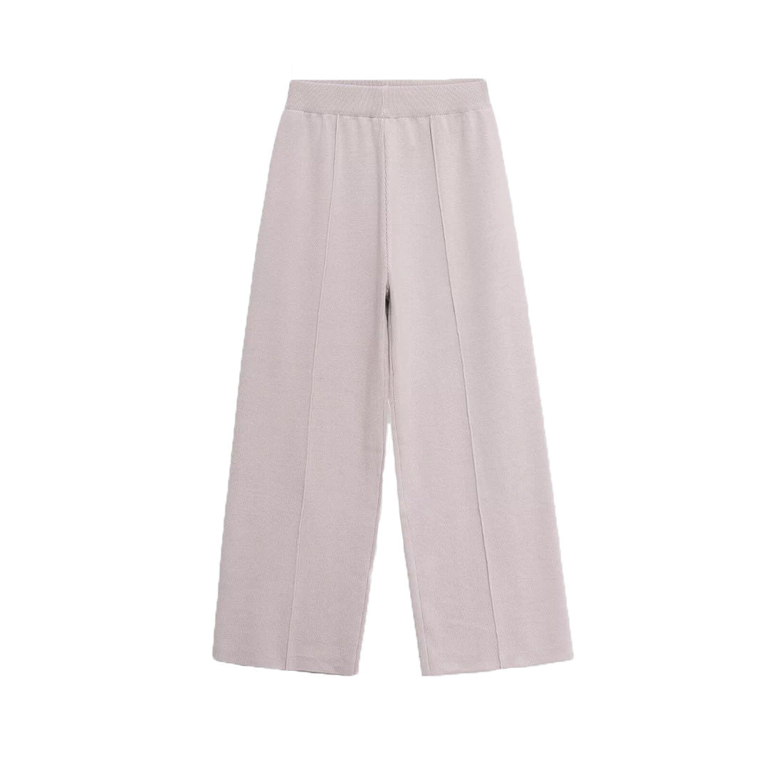 Women's wide knit pants with high waistband, elastic waistband and dividing seam