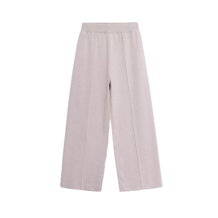 Women's wide knit pants with high waistband, elastic waistband and dividing seam