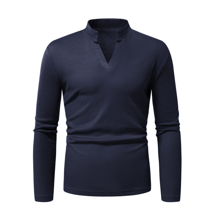Men's Thermal Waffle Knit Shirt with Stand Collar and V-Neck Mune Fashion