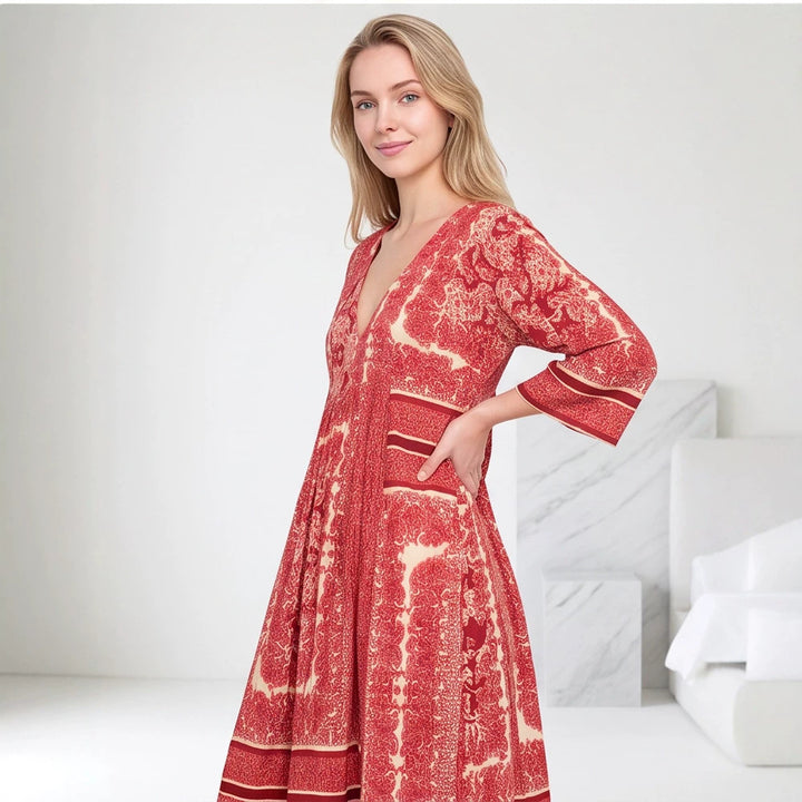 Women’s V neck midi dress with three-quarter sleeves, side pockets & flared A-line silhouette Mune Fashion