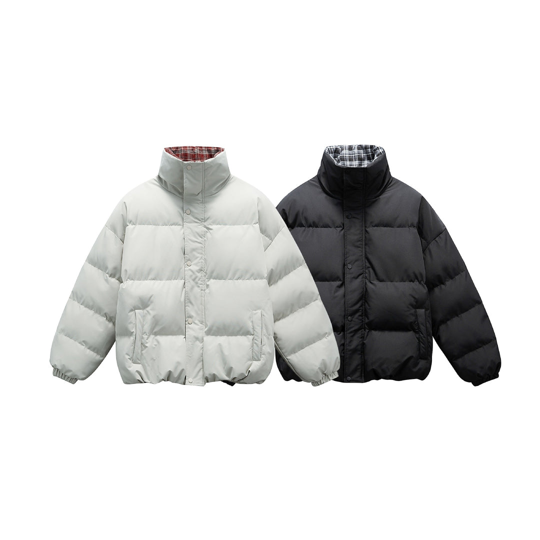 Unisex short boxy padded insulation jacket with extra high stand-up collar and checked lining Mune Fashion
