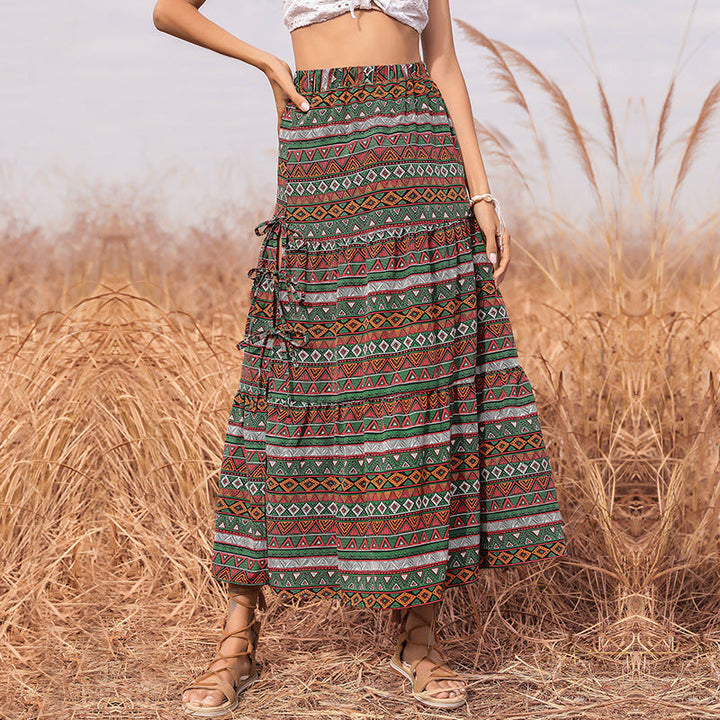 Women's Long Boho Maxi Skirt with Ethnic Print and Side Ties Mune Fashion