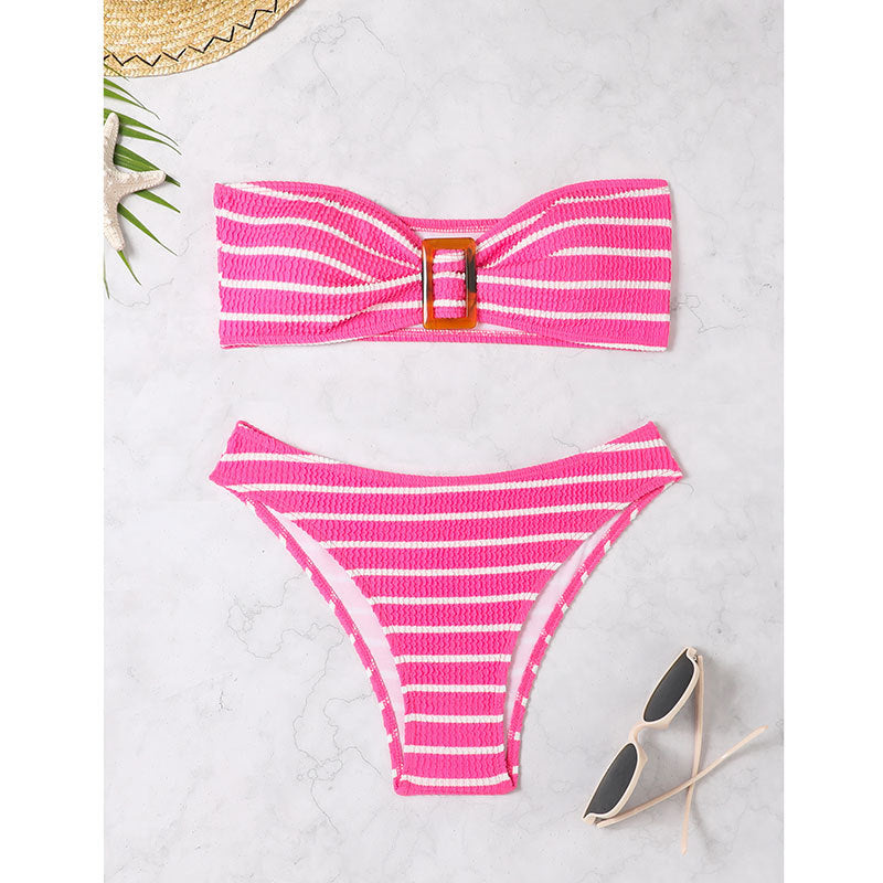 Women's bandeau bikini set with decorative ring and playful striped pattern Mune Fashion