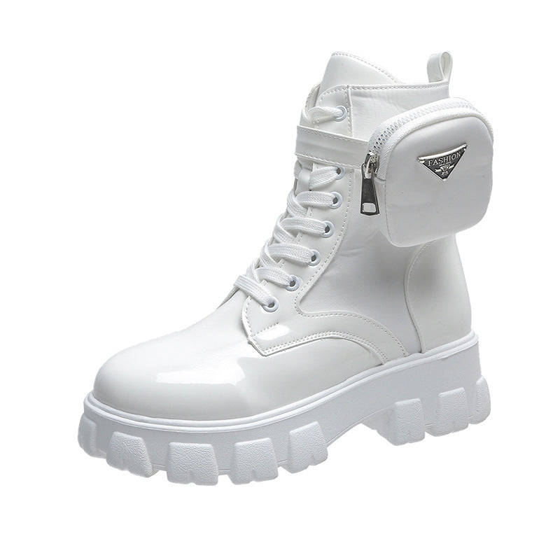 Ladies' lace-up mid-calf boot in utility style with detachable mini pouch and platform profile sole Mune Fashion