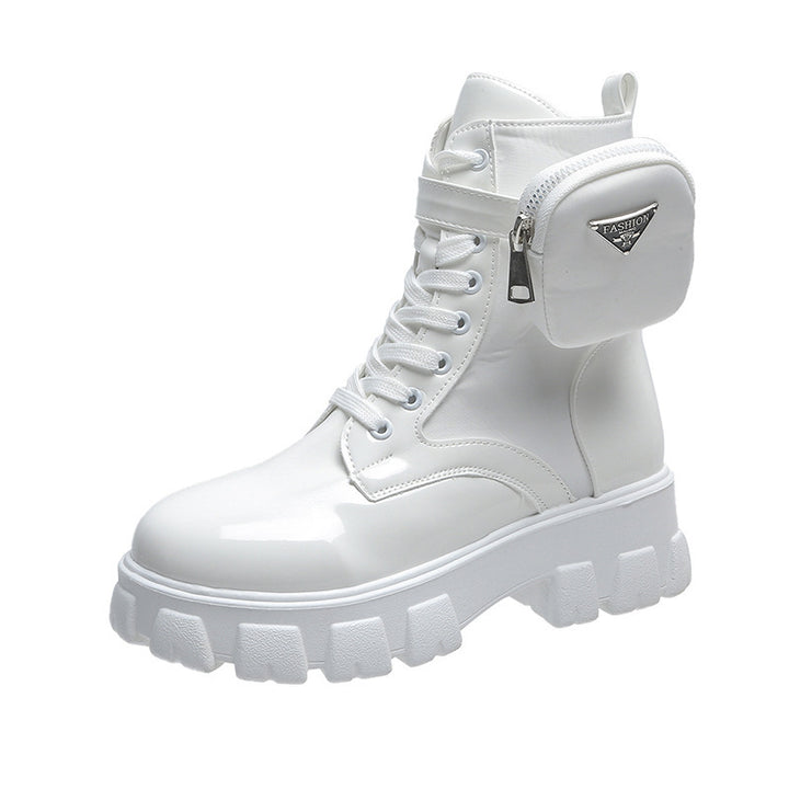 Ladies' lace-up mid-calf boot in utility style with detachable mini pouch and platform profile sole Mune Fashion