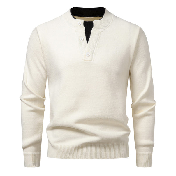 Men's fine-knit Henley pullover with short button placket and ribbed stand-up collar Mune Fashion