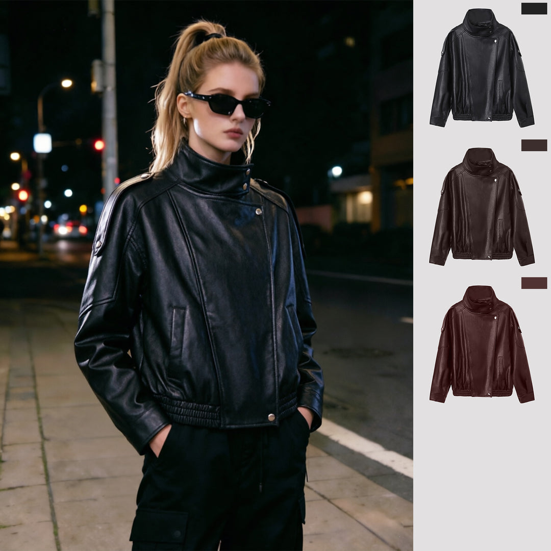 Women’s Fashion Leather Jacket with Stand-up Collar Mune Fashion