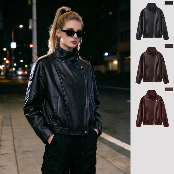 Women’s Fashion Leather Jacket with Stand-up Collar Mune Fashion
