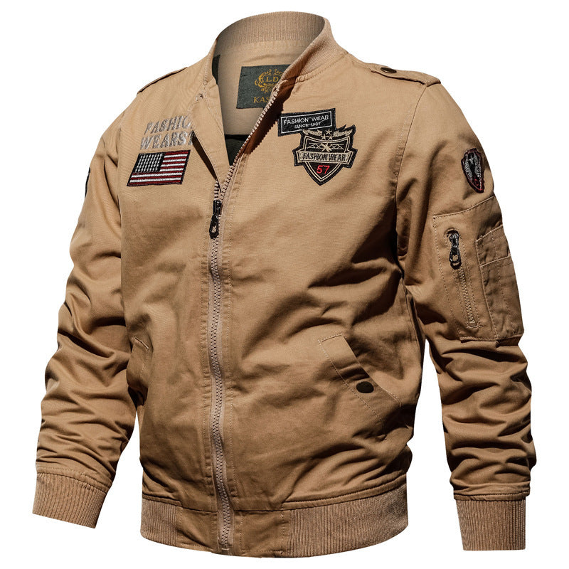Men's Vintage Canvas Bomber Jacket with Badge Applications and Sleeve Utility Pocket Mune Fashion
