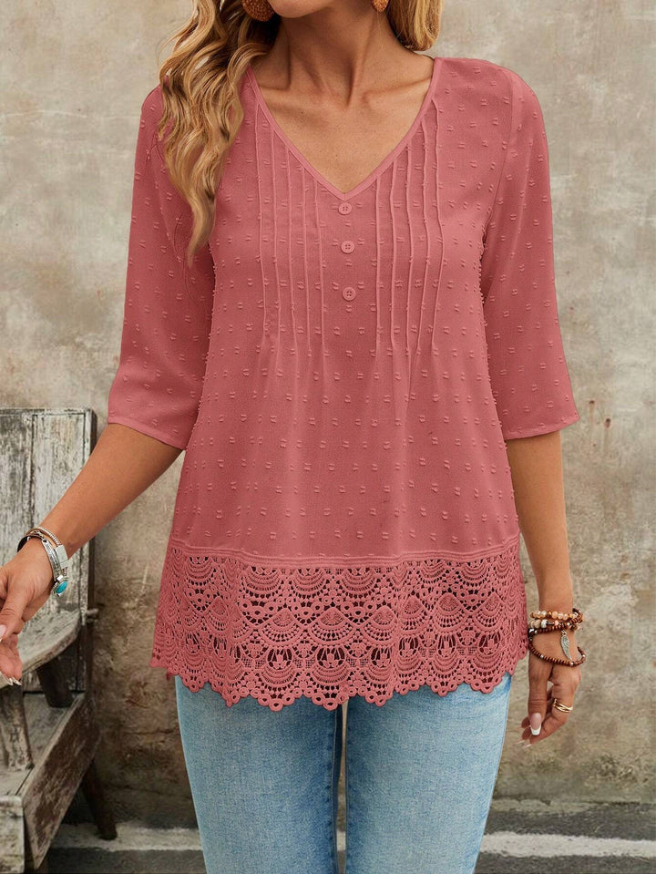 Women Tunic Blouse with Lace Trim and Structured Pintucks Mune Fashion