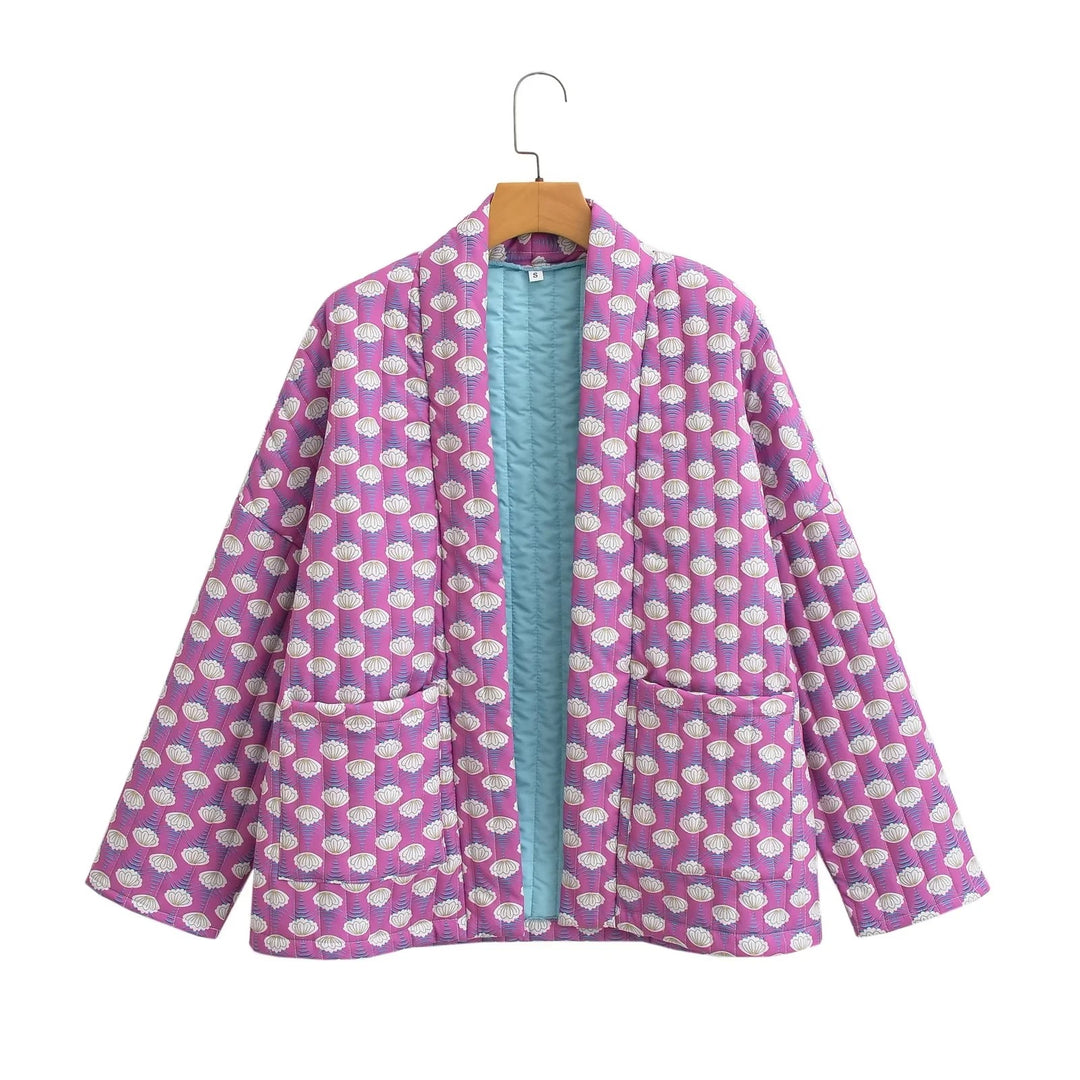 Women's Patterned Kimono Quilted Jacket with Open Front and Patch Pockets Mune Fashion