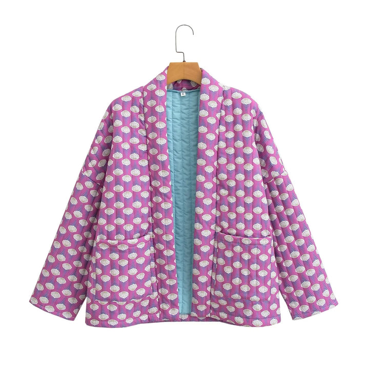 Women's Patterned Kimono Quilted Jacket with Open Front and Patch Pockets Mune Fashion