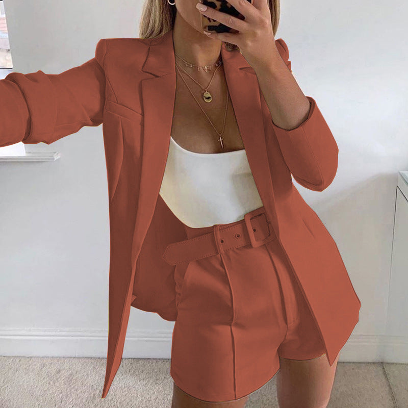 Women's Tailored Longline Blazer with High-Waisted Belt Shorts Set Mune Fashion
