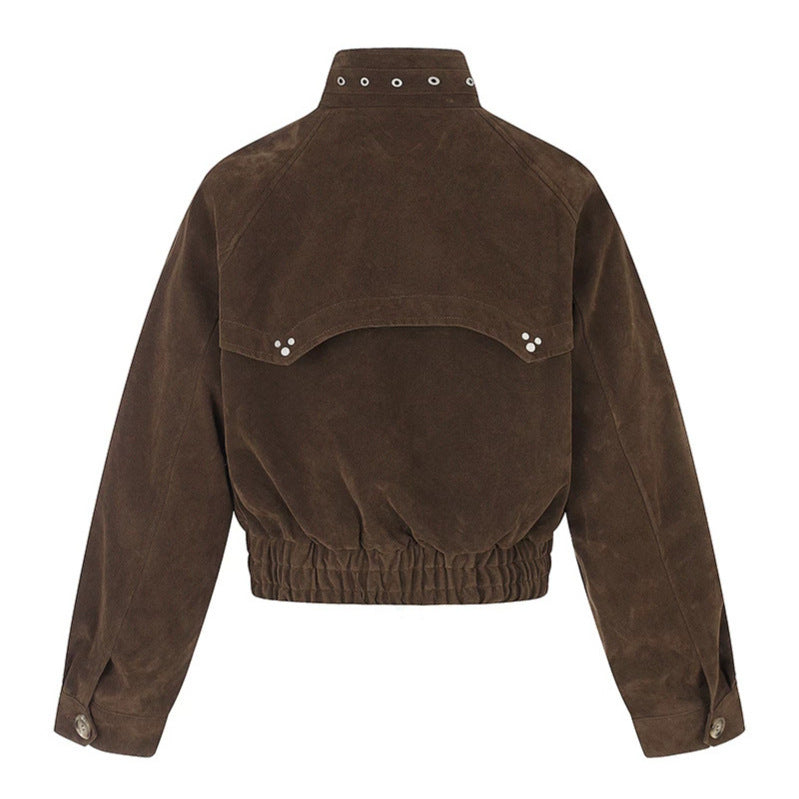 Women's short suede bomber jacket with high stand-up collar and metallic details Mune Fashion