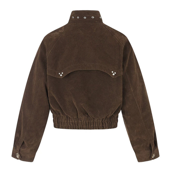 Women's short suede bomber jacket with high stand-up collar and metallic details Mune Fashion