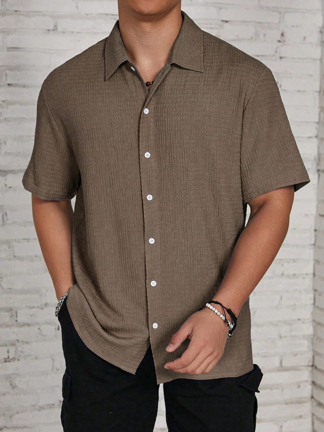 Men's casually cut shirt made of crinkled cotton blend with Kent collar Mune Fashion