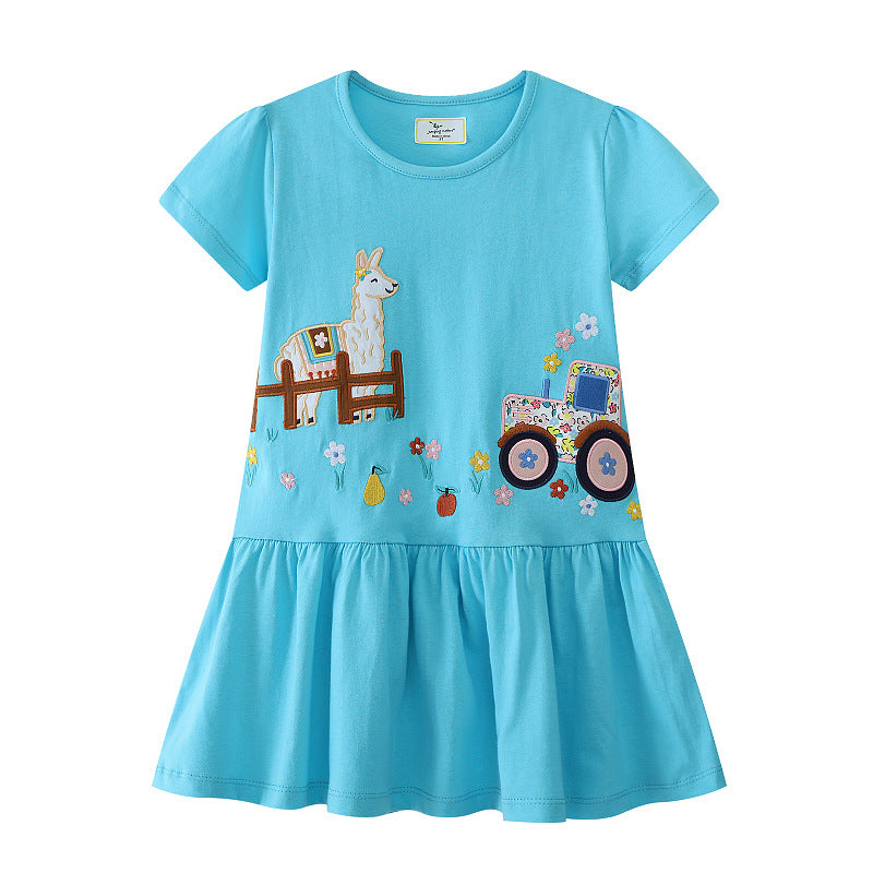 Girls Tulle Dress with Playful Llama and Tractor Design Mune Fashion
