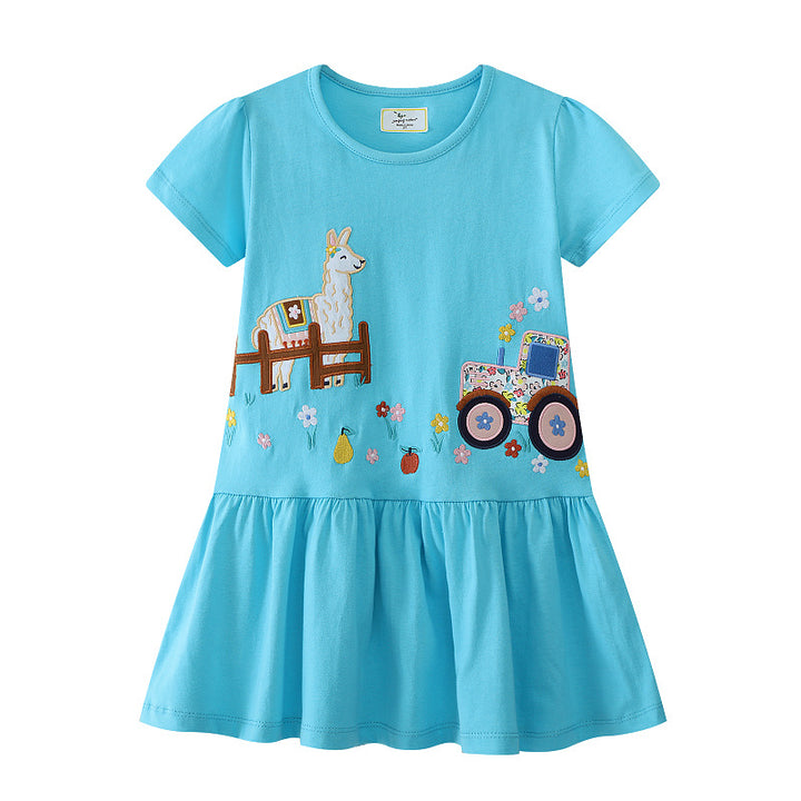 Girls Tulle Dress with Playful Llama and Tractor Design Mune Fashion