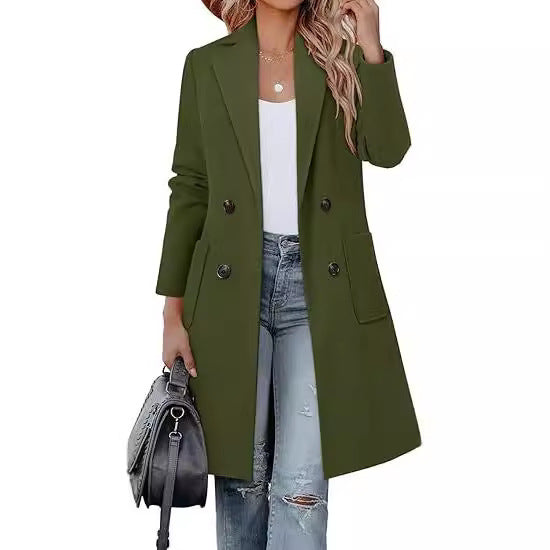 Women's Double-Breasted Long Blazer Coat with Patch Pockets and Tailored Silhouette Drune
