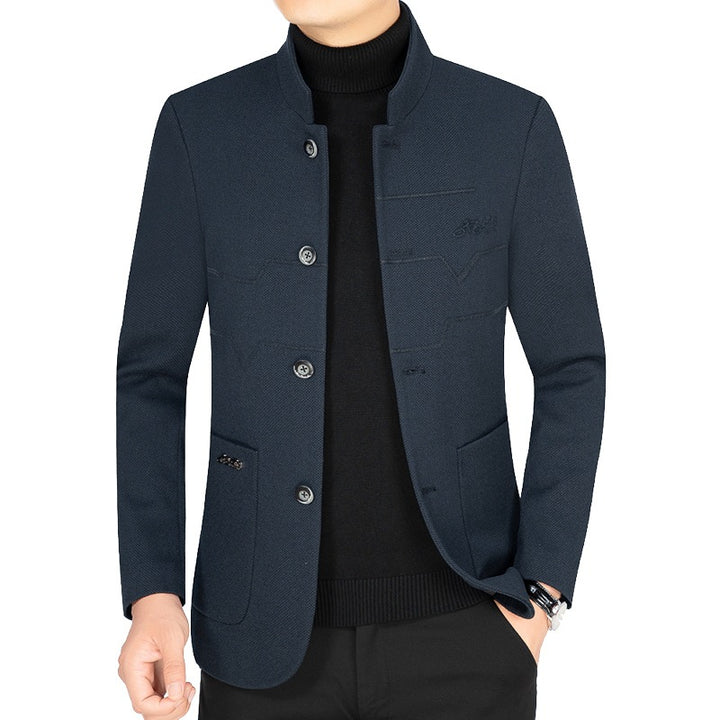 Men's Stand Collar Blazer made of textured wool blend with decorative seams and patch pockets Mune Fashion
