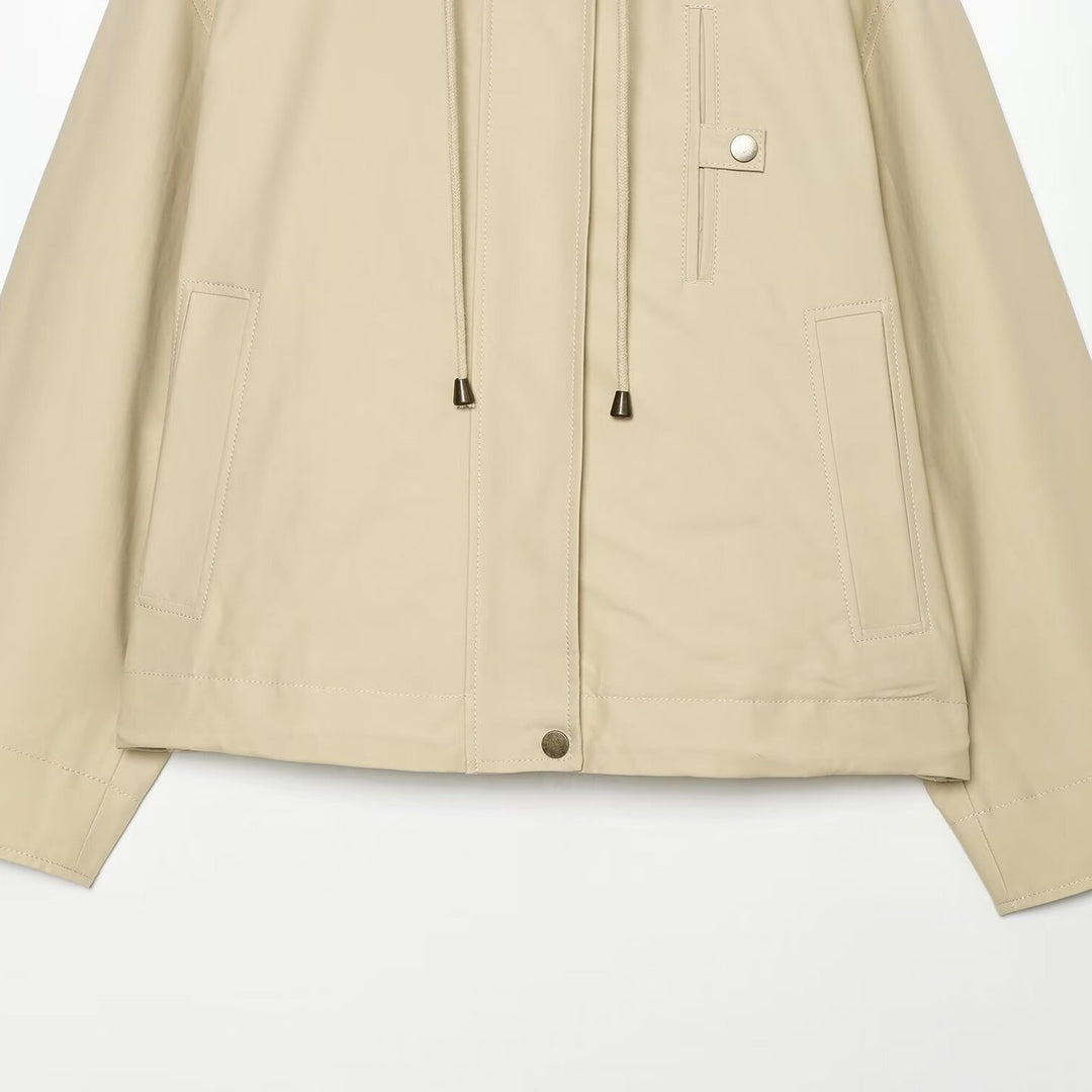 Women's Short Hooded Jacket with Drawstring, Concealed Snap Placket and Patch Pockets Mune Fashion