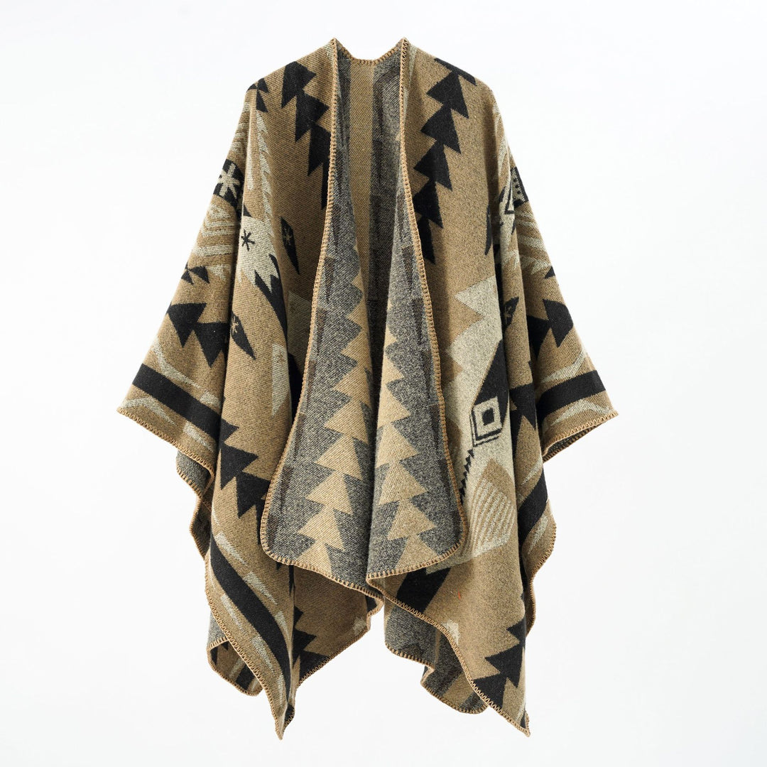 Women's wool blend cape with graphic ethnic pattern and decorative overlock seam Mune Fashion