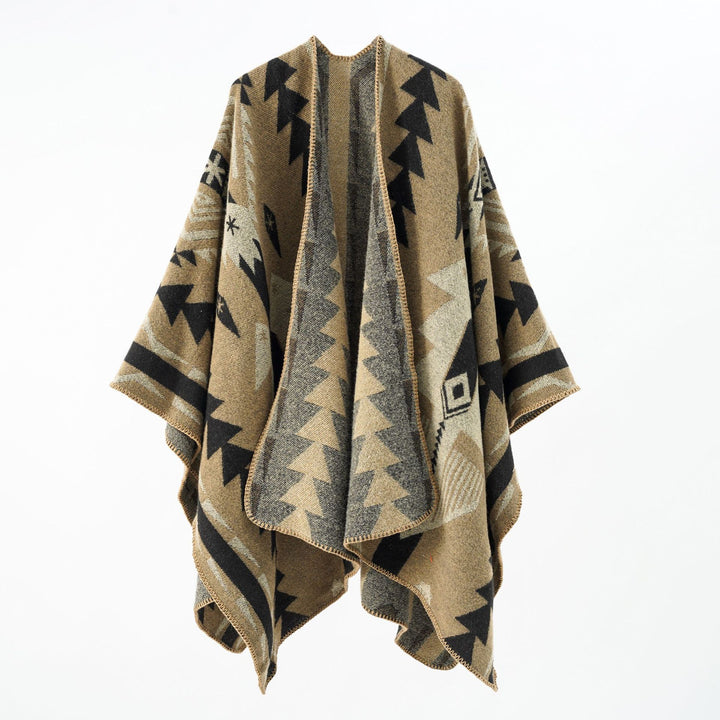 Women's wool blend cape with graphic ethnic pattern and decorative overlock seam Mune Fashion