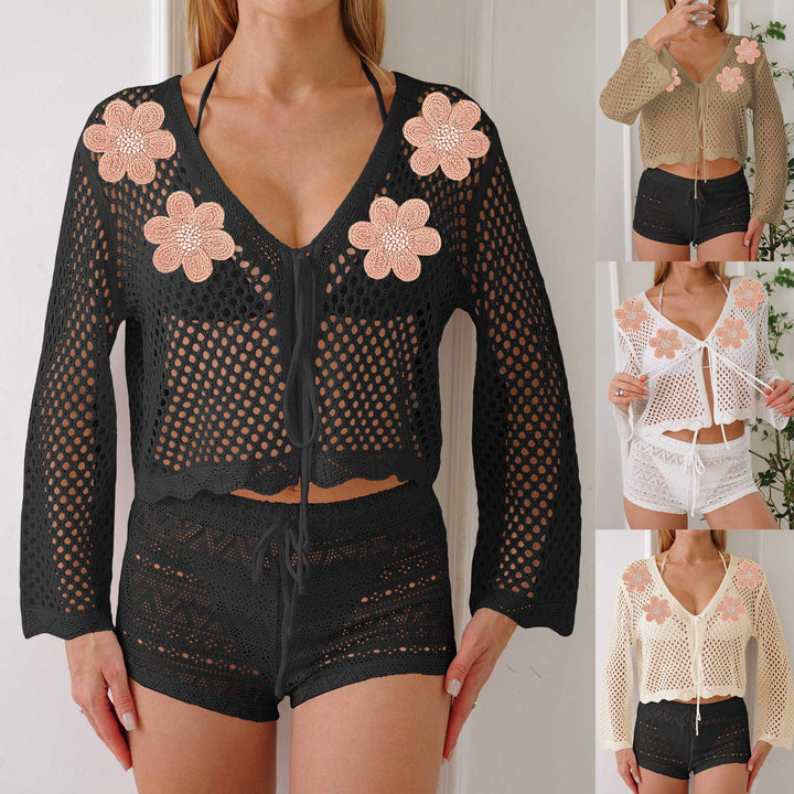 Women's Airy Crochet Beach Cover-Up with Decorative Flowers Mune Fashion