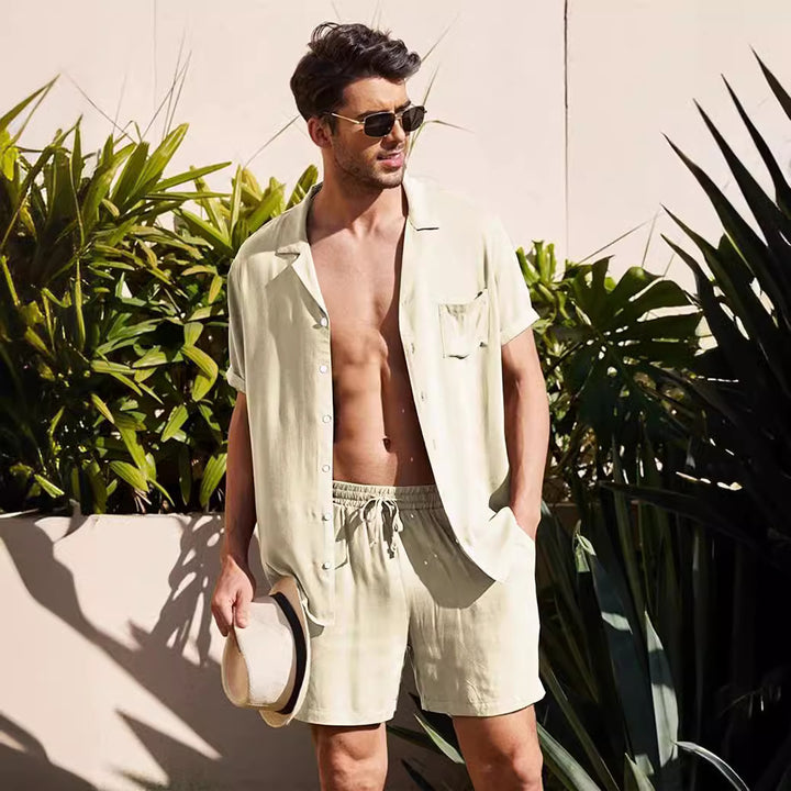 Men's two-piece summer casual ensemble with open collar shirt and elastic shorts Mune Fashion