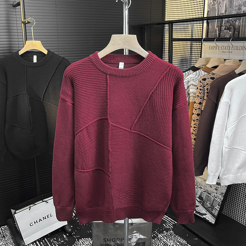 Men's Structured Patchwork Knit Sweater with Crew Neck and Ribbed Inserts Mune Fashion