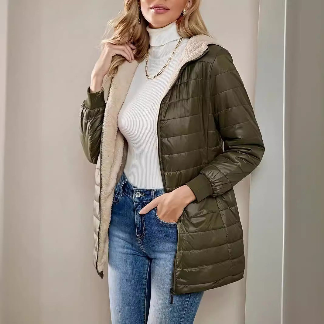 Women Long Padded Coat with Teddy Lining and Hood Mune Fashion