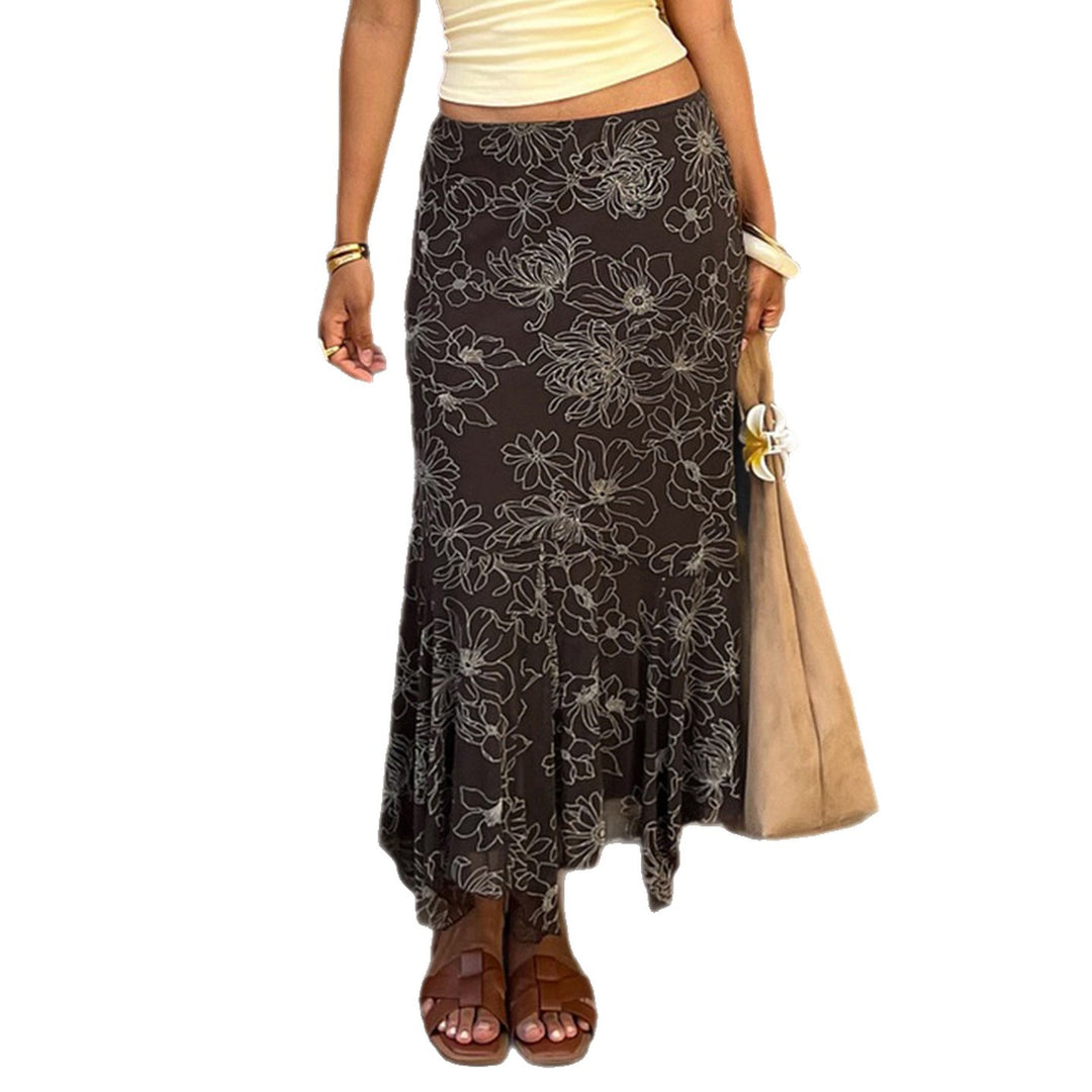 Women’s midi skirt with flared ruffle hem and floral contour print Mune Fashion