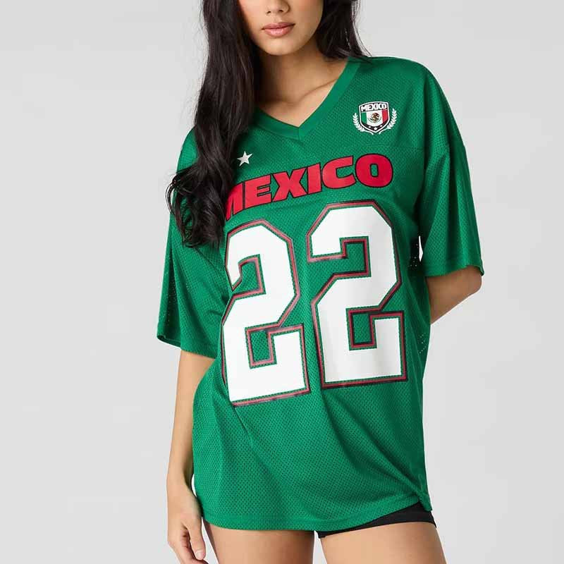 Women's oversized fan jersey in retro sports style with mesh, V-neck and large-area print Mune Fashion