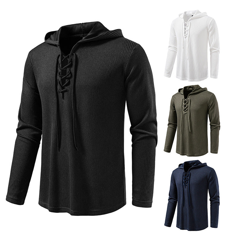 Men's waffle knit hoodie with lace-up collar and straight hem Mune Fashion