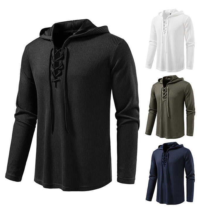 Men's waffle knit hoodie with lace-up collar and straight hem Mune Fashion