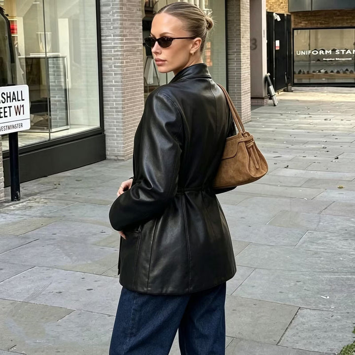 Women's Longer Tailored Blazer Coat in Vegan Leather Look with Cascading Shawl Collar and Double-Breasted Button Placket Mune Fashion