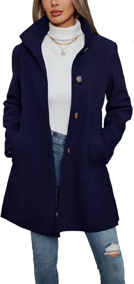 Women's Elegant Wool Coat with High Collar and Practical Pockets Mune