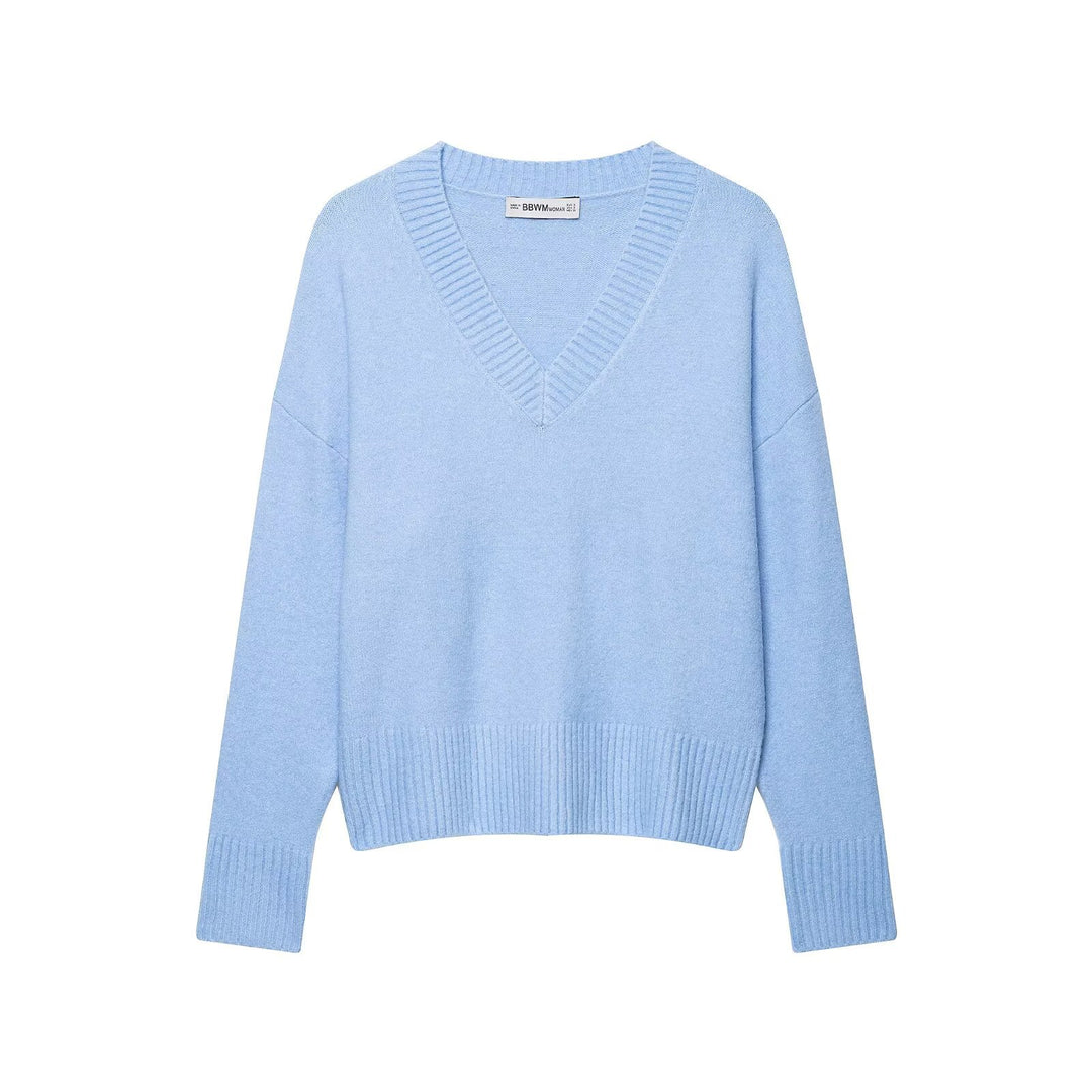 Women's Oversize V-Neck Knit Sweater with Deep Drop and Wide Ribbed Hem Drune