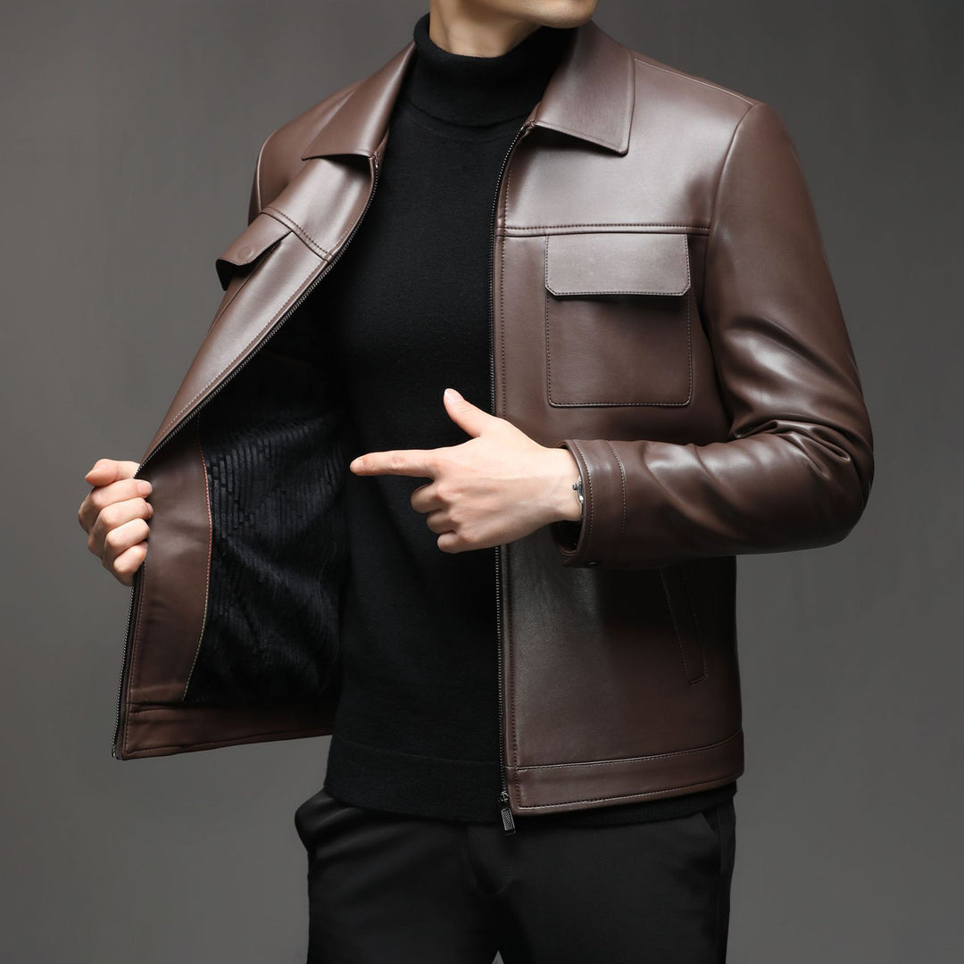 Men Smooth Leather Look Blouson with Chest Flaps and Zipper Mune Fashion