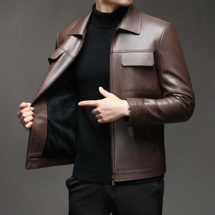 Men Smooth Leather Look Blouson with Chest Flaps and Zipper Mune Fashion